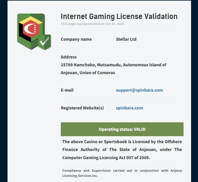 Spinbara Casino licence