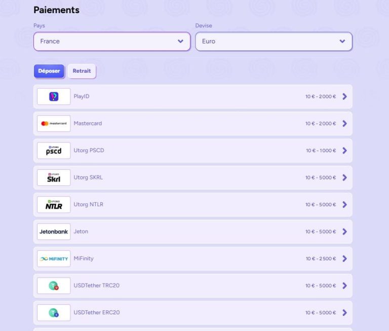 Spinbara Casino moyens paiement